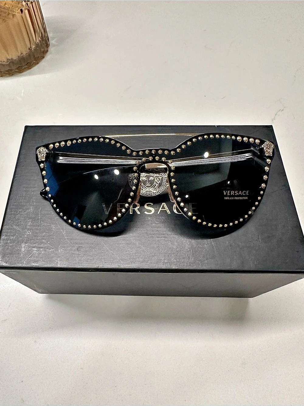 Versace VE2161B Glam Crystal Stud Rock Medusa Sunglasses Black & Gold